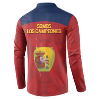 Red and navy Spain football button sweatshirt with back print 'Somos los Campeones'.