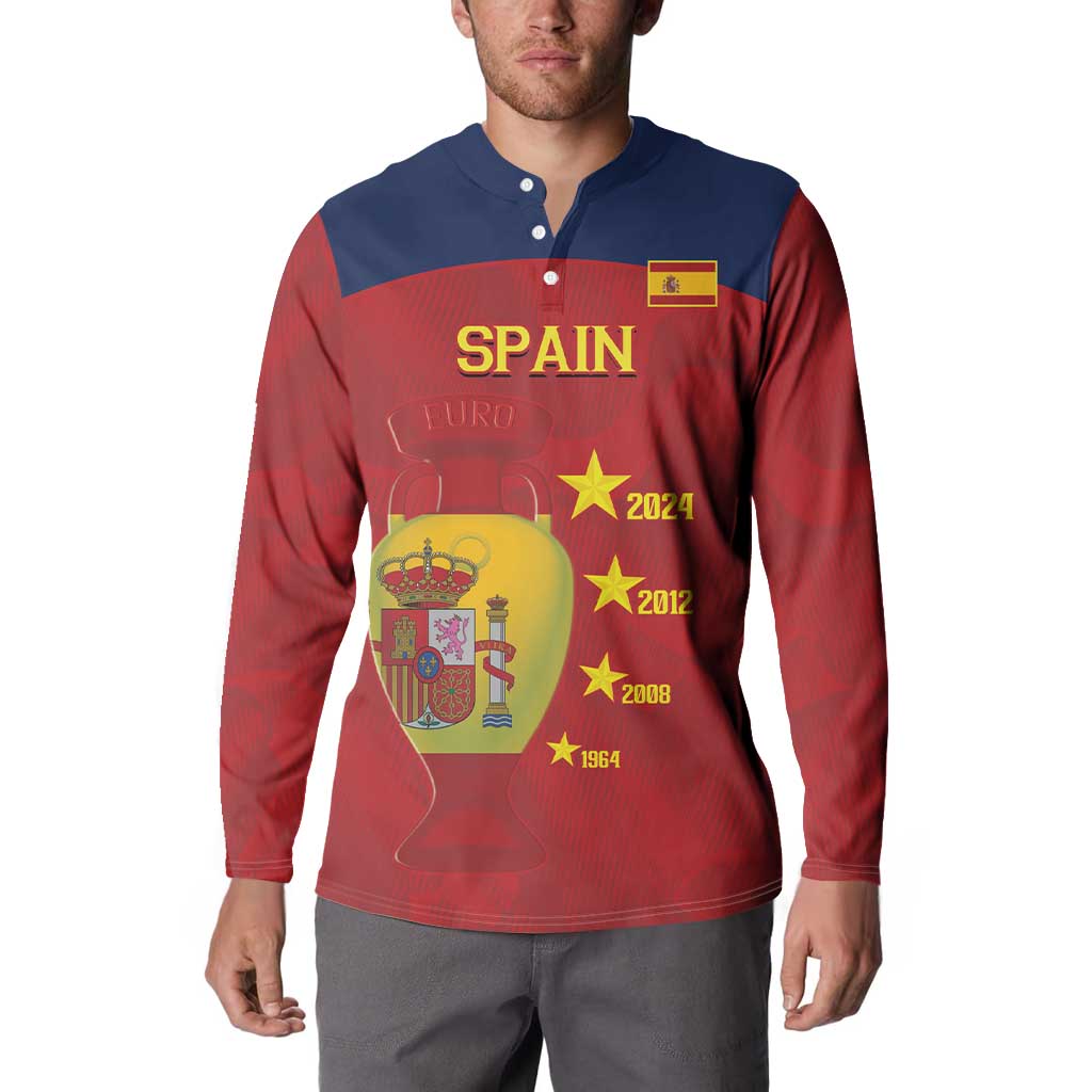 Red and navy Spain football button sweatshirt with chest 'SPAIN' logo and year stars.