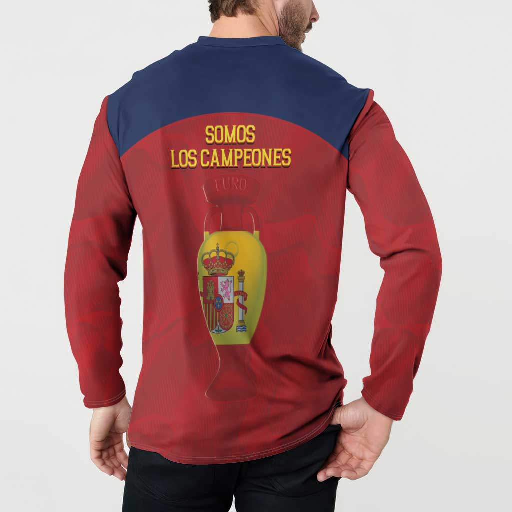 Red and navy Spain football button sweatshirt with back 'Somos los Campeones' print.