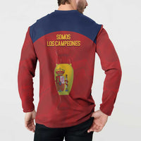 Red and navy Spain football button sweatshirt with back 'Somos los Campeones' print.