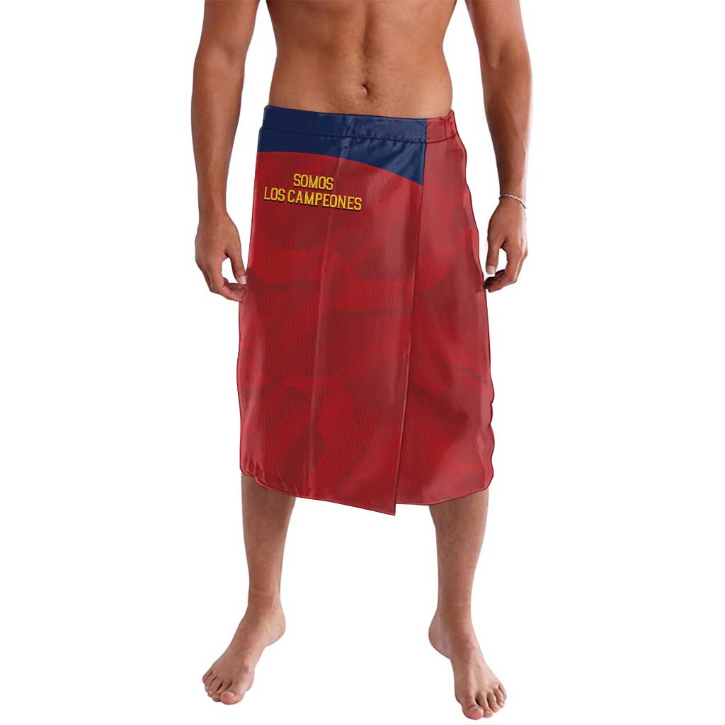 Red football shorts with blue waistband and yellow text graphic