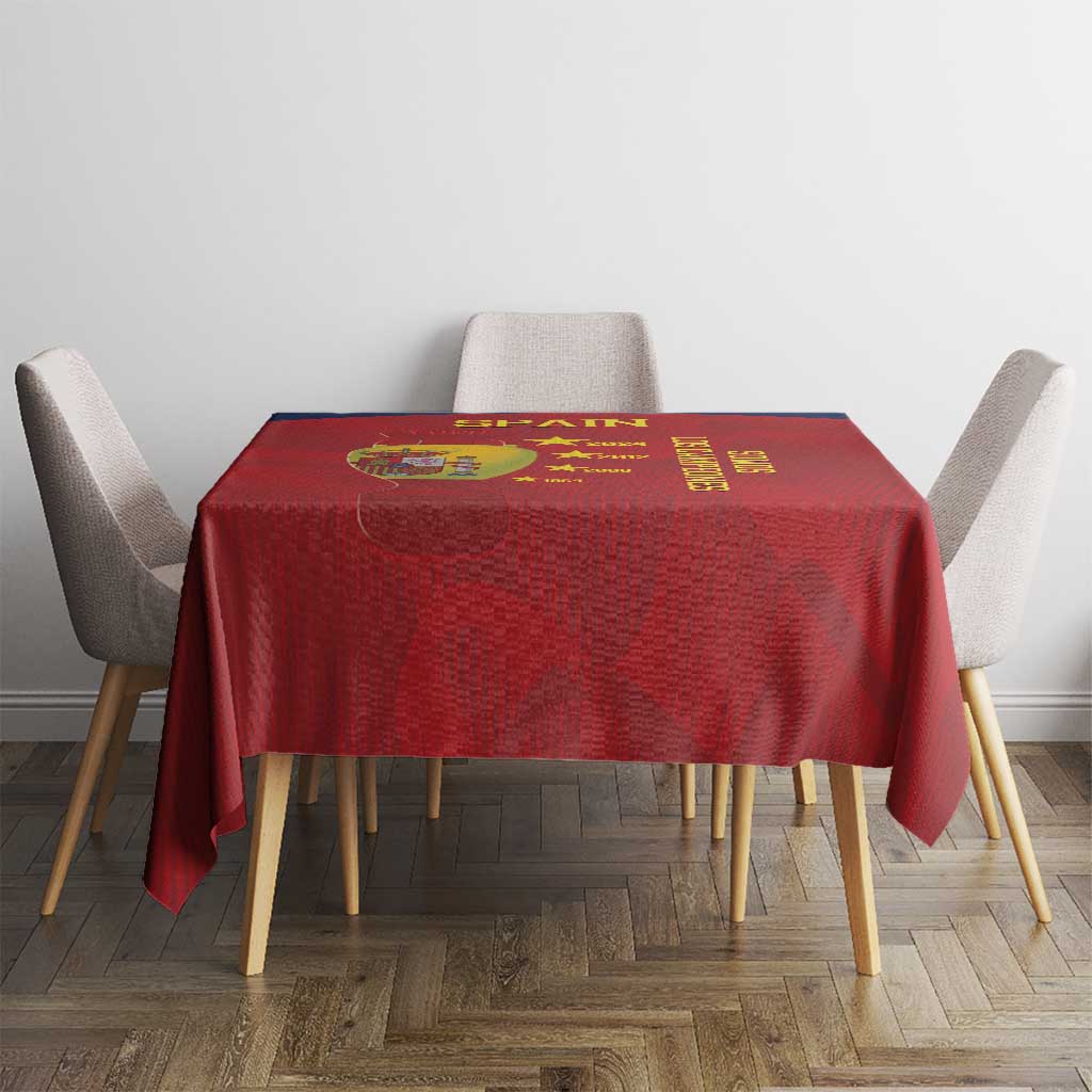 Red Spain football tablecloth on a square table with bold graphic center design