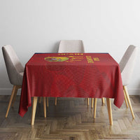 Red Spain football tablecloth on a square table with bold graphic center design