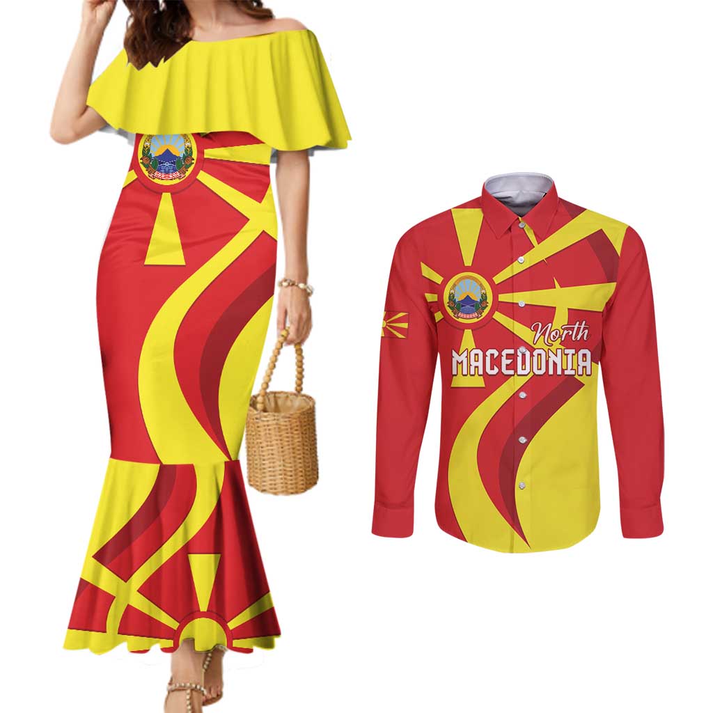 North Macedonia National Day Couples Matching Mermaid Dress and Long Sleeve Button Shirt Happy 33rd Anniversary Flag Style