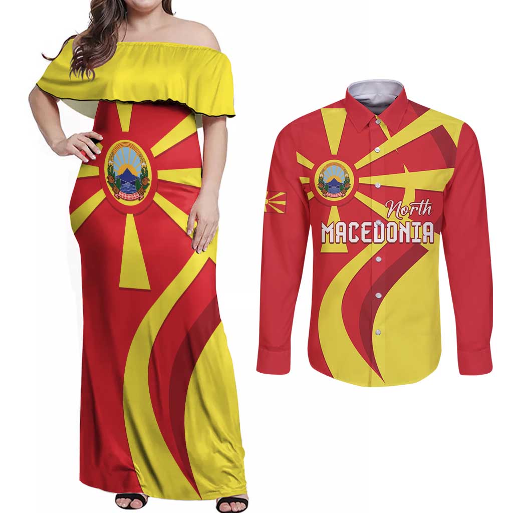 North Macedonia National Day Couples Matching Off Shoulder Maxi Dress and Long Sleeve Button Shirt Happy 33rd Anniversary Flag Style - Wonder Print Shop