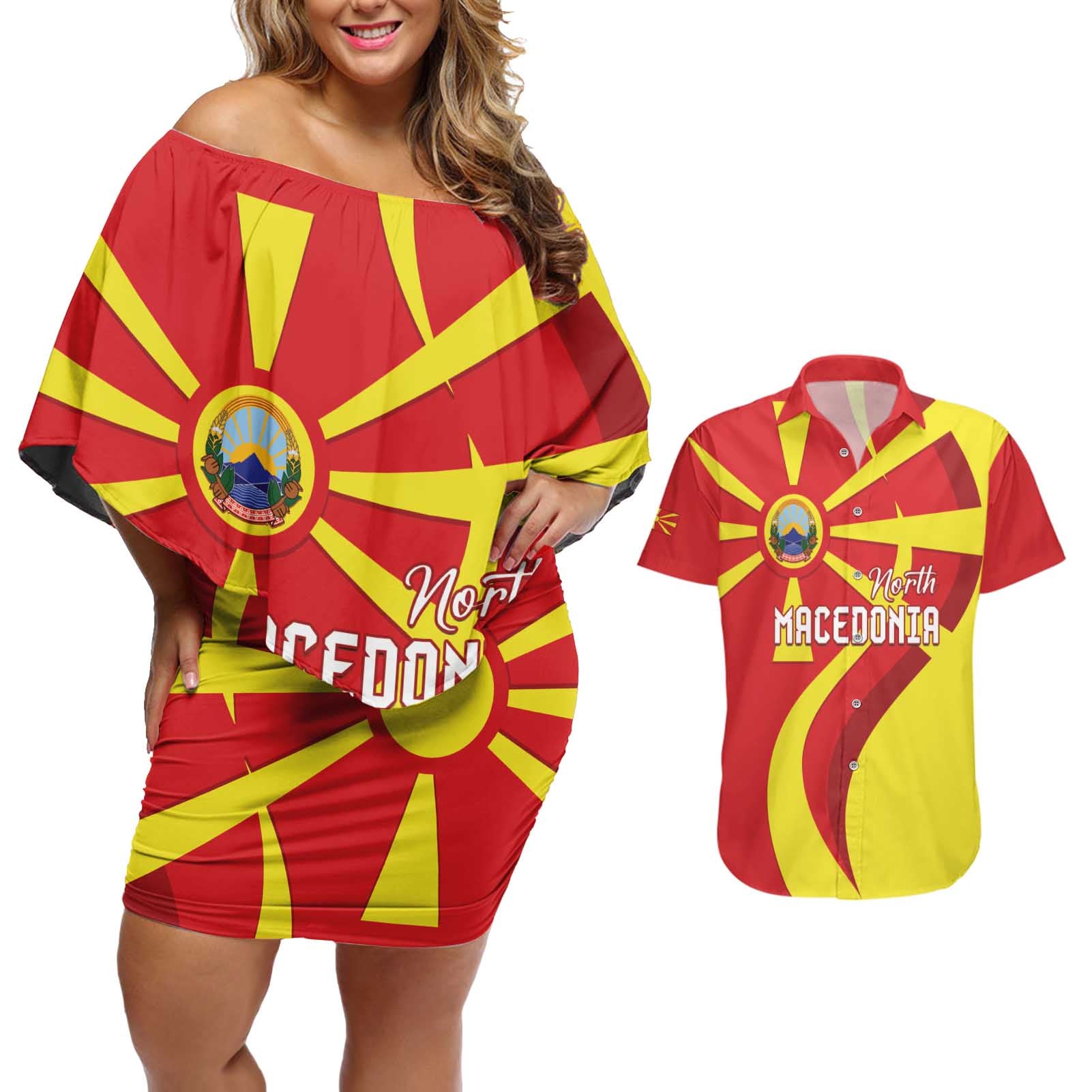 North Macedonia National Day Couples Matching Off Shoulder Short Dress and Hawaiian Shirt Happy 33rd Anniversary Flag Style - Wonder Print Shop