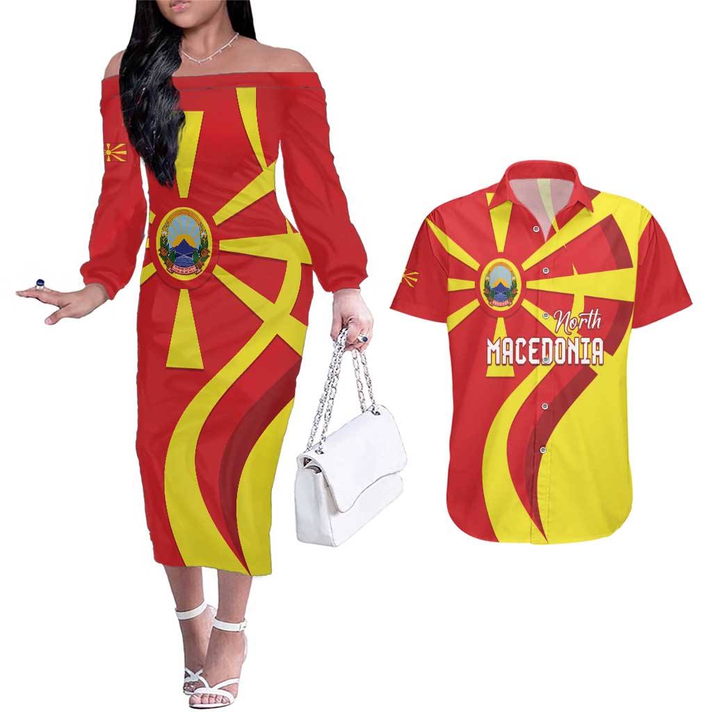 North Macedonia National Day Couples Matching Off The Shoulder Long Sleeve Dress and Hawaiian Shirt Happy 33rd Anniversary Flag Style - Wonder Print Shop