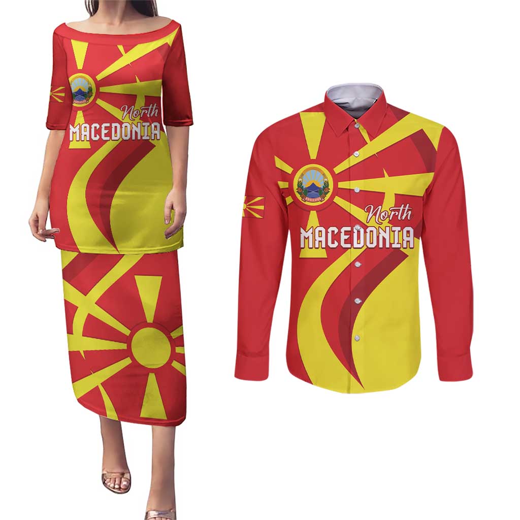 North Macedonia National Day Couples Matching Puletasi and Long Sleeve Button Shirt Happy 33rd Anniversary Flag Style - Wonder Print Shop