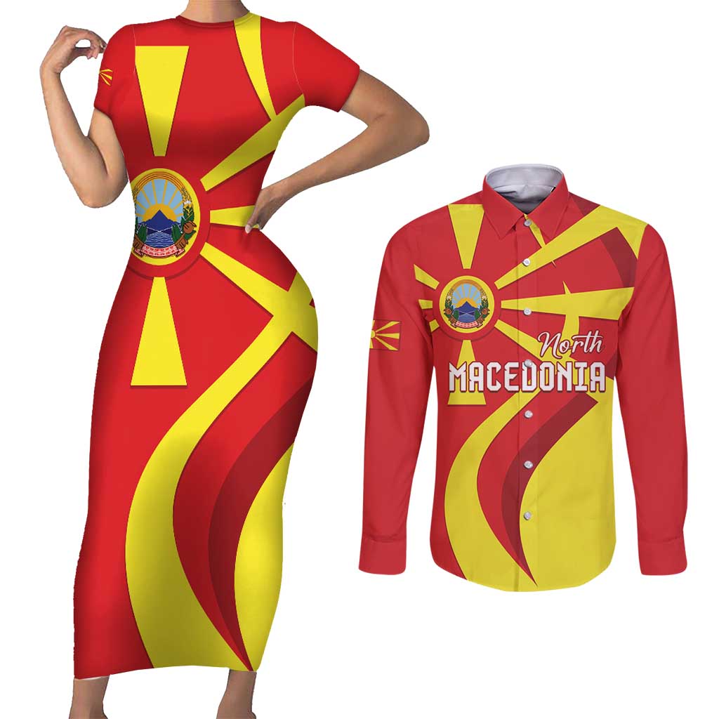 North Macedonia National Day Couples Matching Short Sleeve Bodycon Dress and Long Sleeve Button Shirt Happy 33rd Anniversary Flag Style - Wonder Print Shop