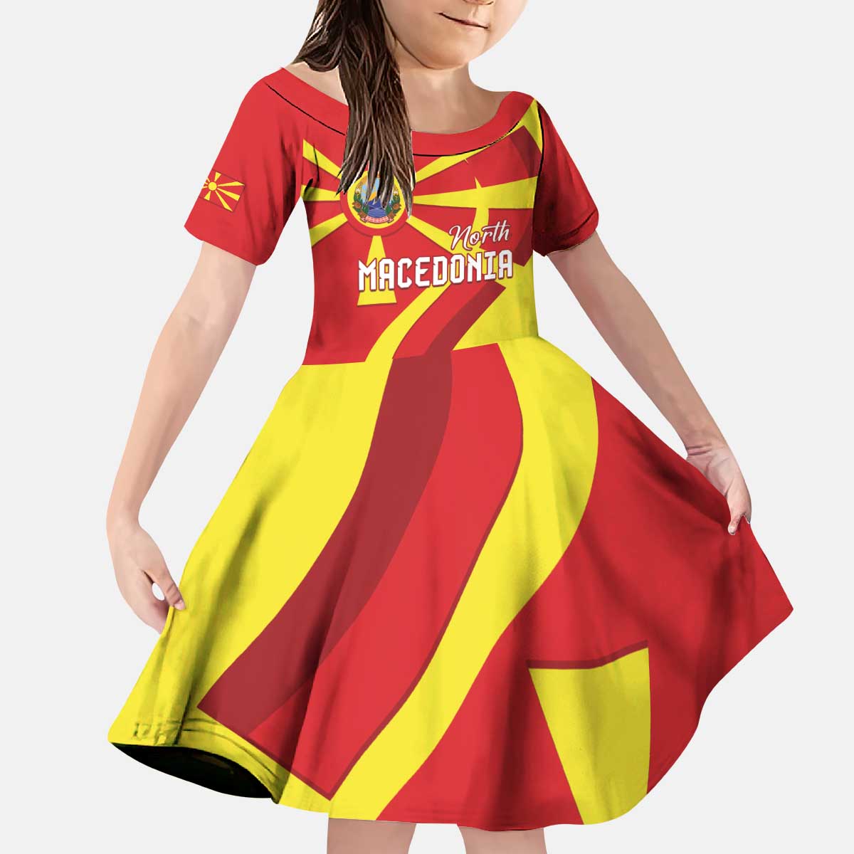 North Macedonia National Day Kid Short Sleeve Dress Happy 33rd Anniversary Flag Style - Wonder Print Shop