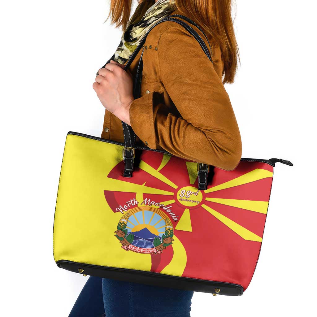 North Macedonia National Day Leather Tote Bag Happy 33rd Anniversary Flag Style - Wonder Print Shop