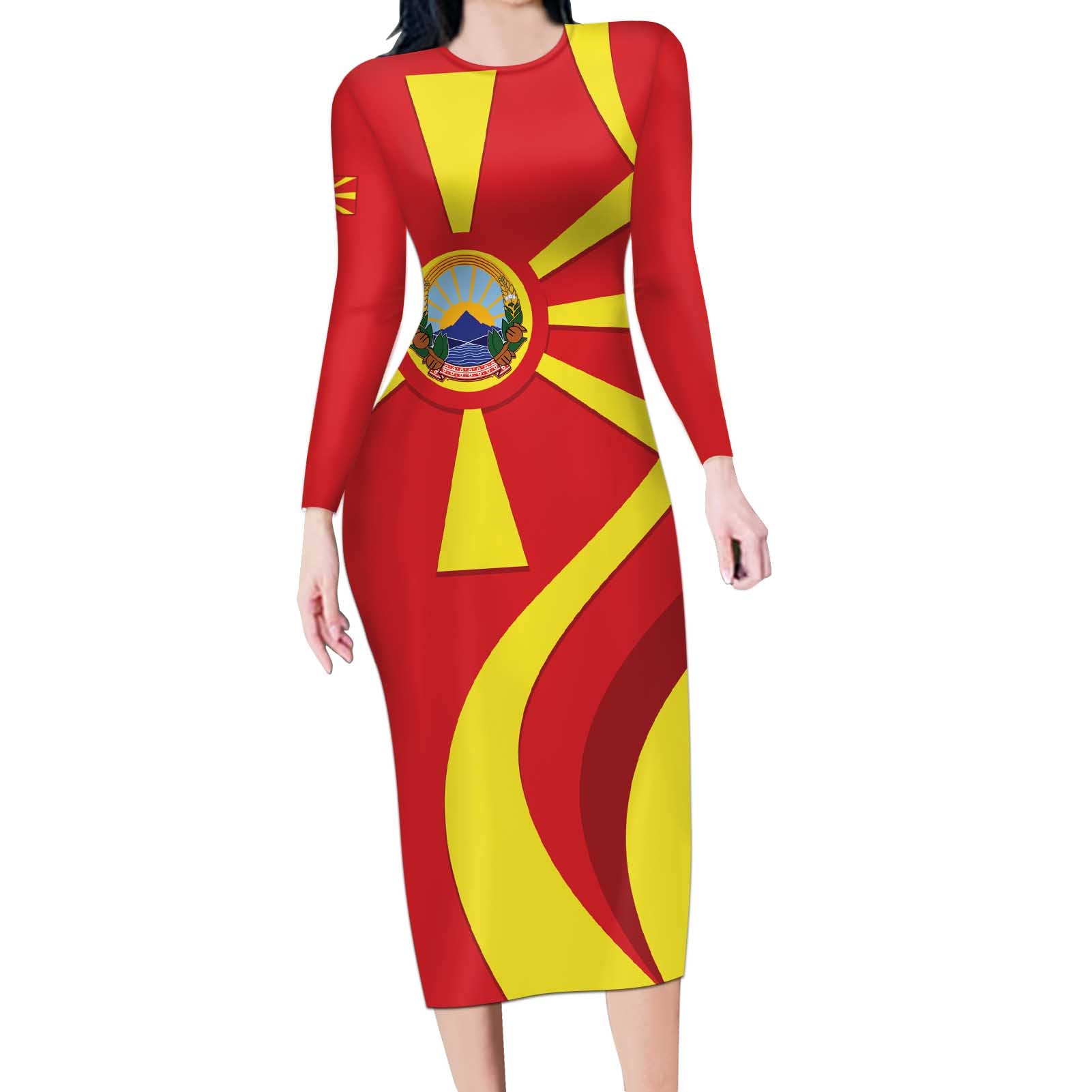 North Macedonia National Day Long Sleeve Bodycon Dress Happy 33rd Anniversary Flag Style - Wonder Print Shop