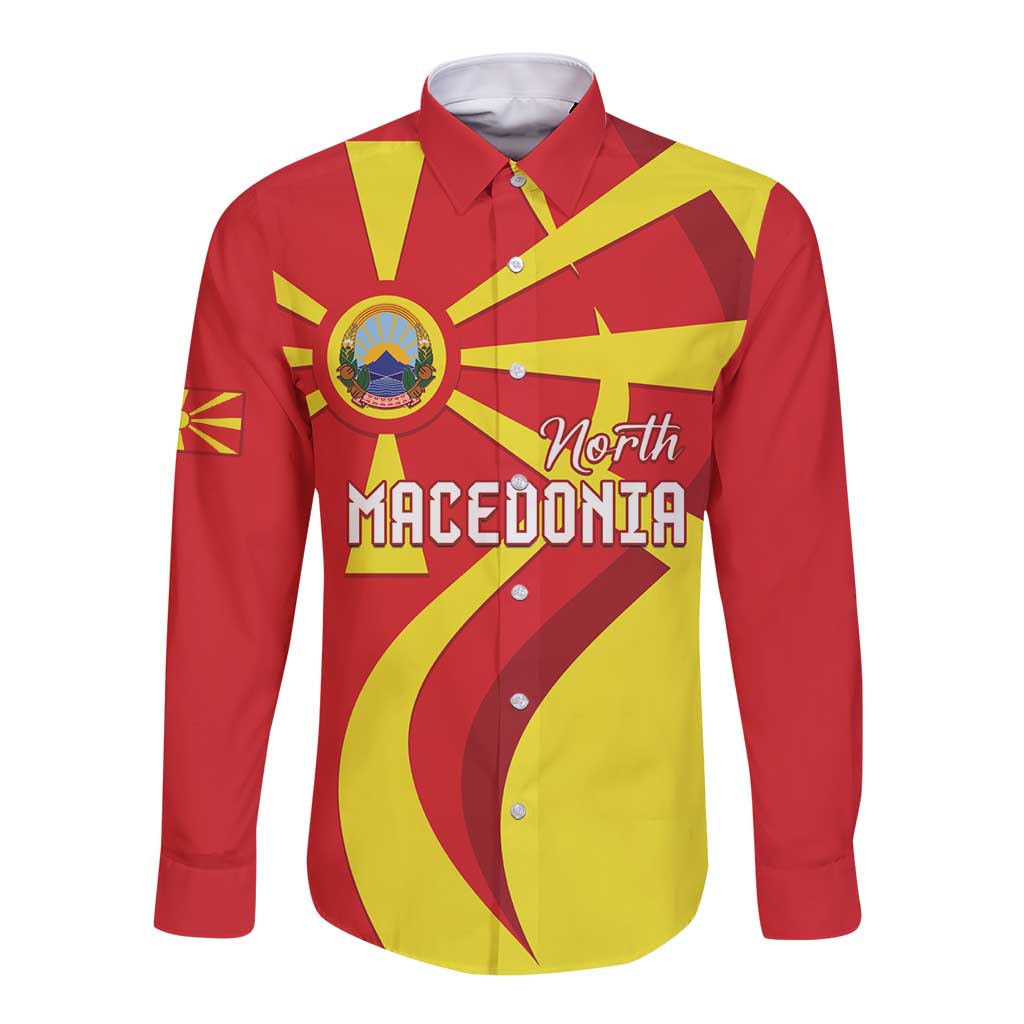 North Macedonia National Day Long Sleeve Button Shirt Happy 33rd Anniversary Flag Style - Wonder Print Shop