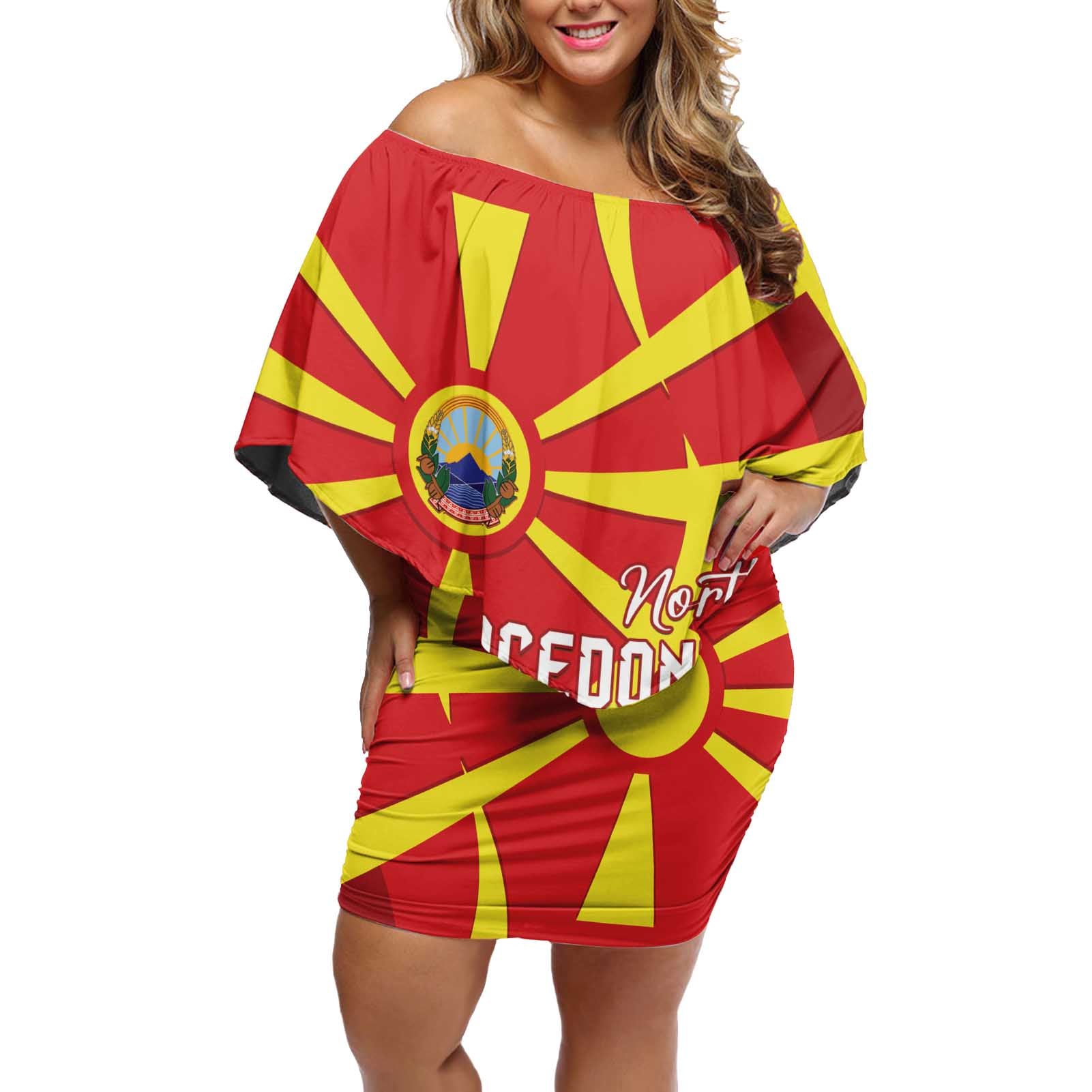 North Macedonia National Day Off Shoulder Short Dress Happy 33rd Anniversary Flag Style - Wonder Print Shop