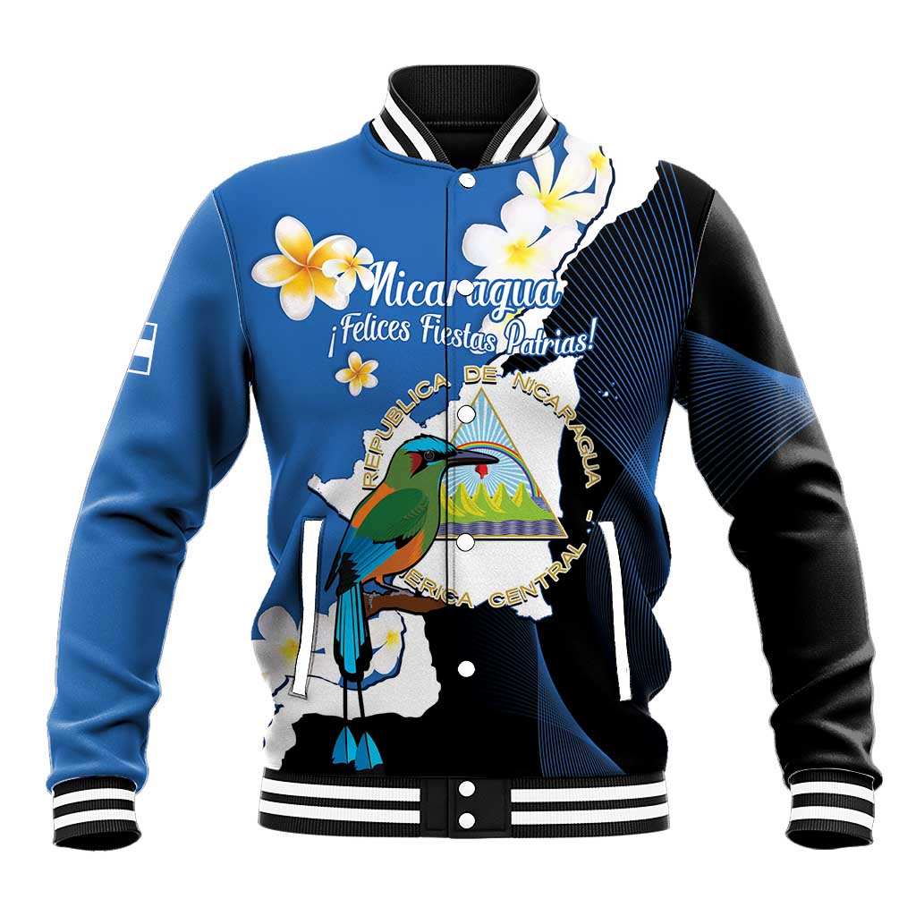 Blue unisex baseball jacket with floral bird front graphic and striped ribbed cuffs