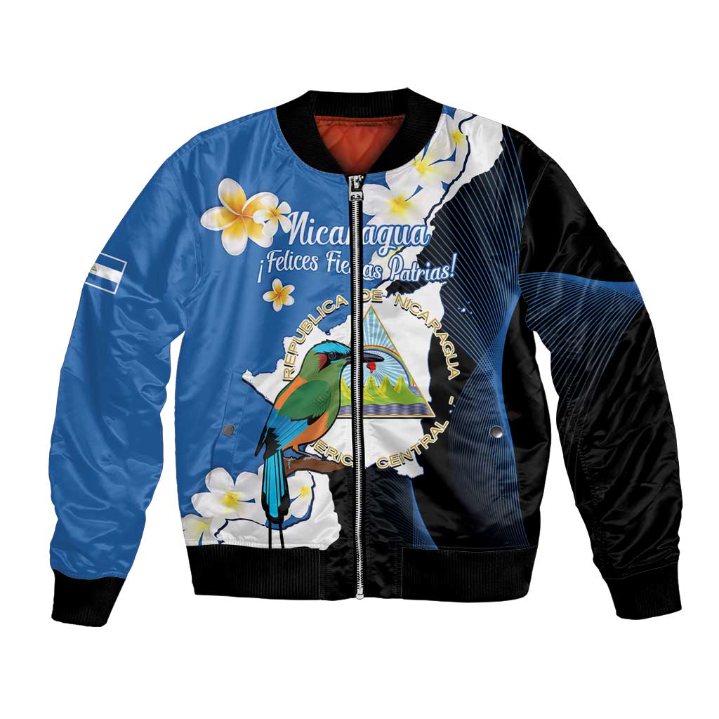 Unisex blue bomber jacket with black sleeves, front zip, colorful bird and flower print