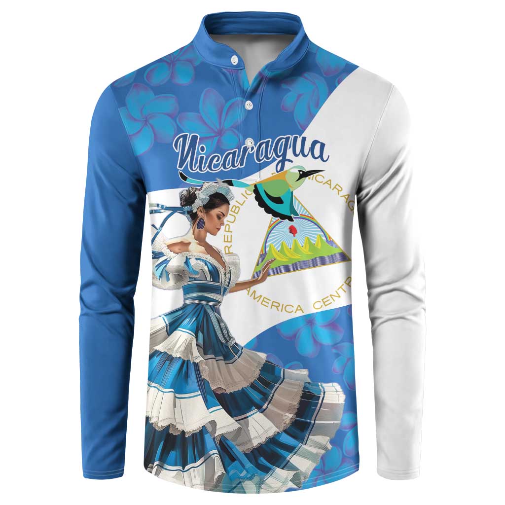 Blue button henley sweatshirt with Nicaragua dancer graphic on front