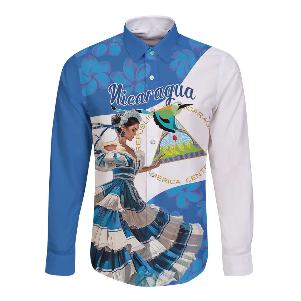Blue and white long-sleeve button shirt with colorful Nicaragua dance graphic