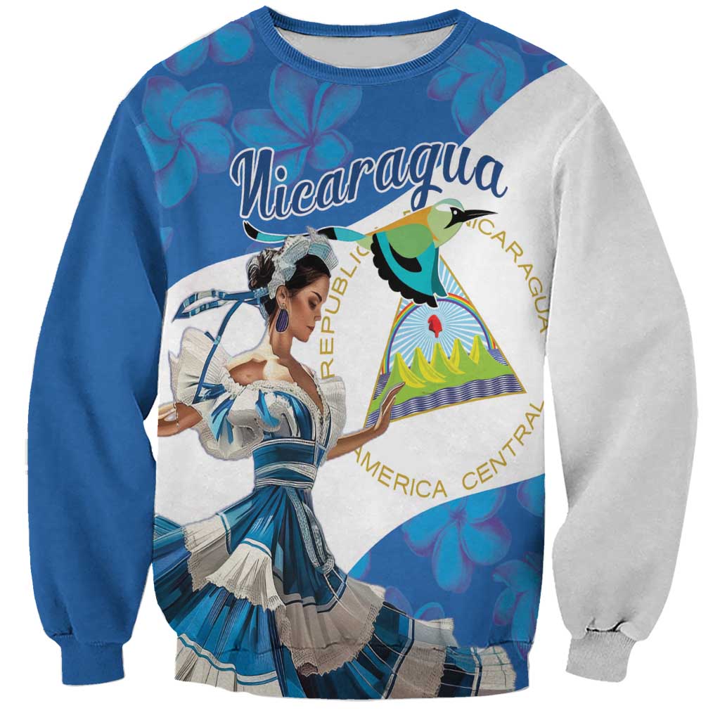 Blue and light gray sweatshirt with Nicaragua graphic and dancing figure on front