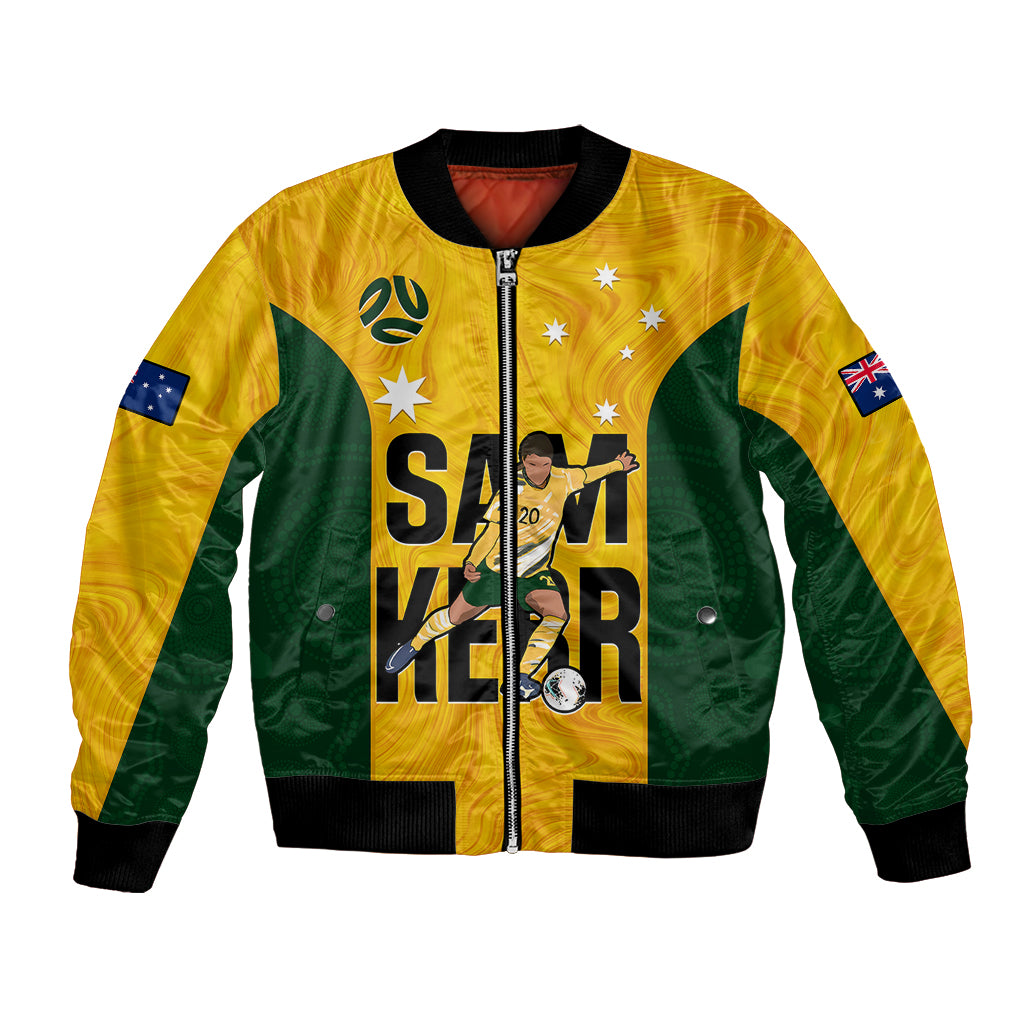 Yellow and green soccer bomber jacket with front zipper, AU flag sleeve patches