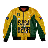 Yellow and green soccer bomber jacket with front zipper, AU flag sleeve patches