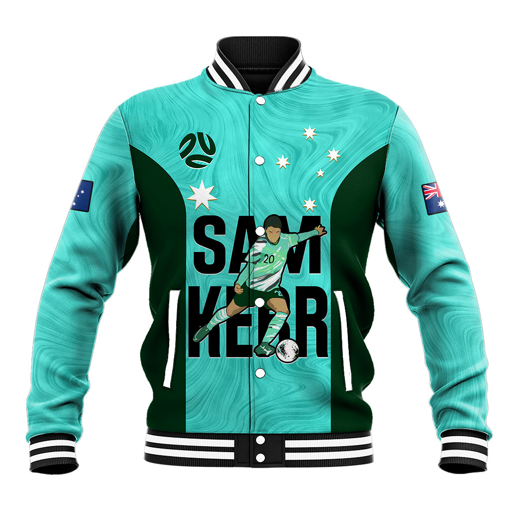 Turquoise baseball jacket with ribbed striped collar, front player graphic and text