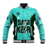 Turquoise varsity baseball jacket with striped rib trim and front zip, large sports graphic