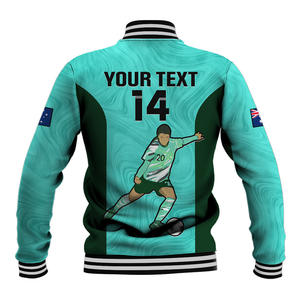 Turquoise baseball jacket with striped rib trim, back print 'YOUR TEXT 14' and player