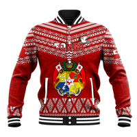 Red Tonga rugby baseball jacket with white pattern, crest, and snap front
