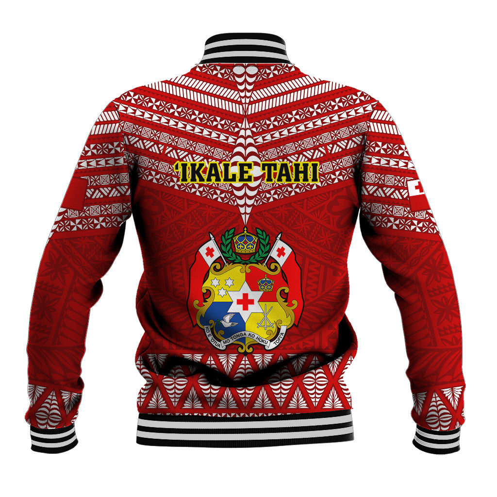 Red rugby baseball jacket back with patterned yoke, crest, and striped collar