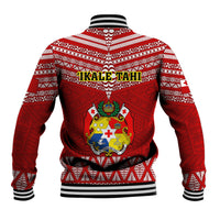 Red rugby baseball jacket back with patterned yoke, crest, and striped collar