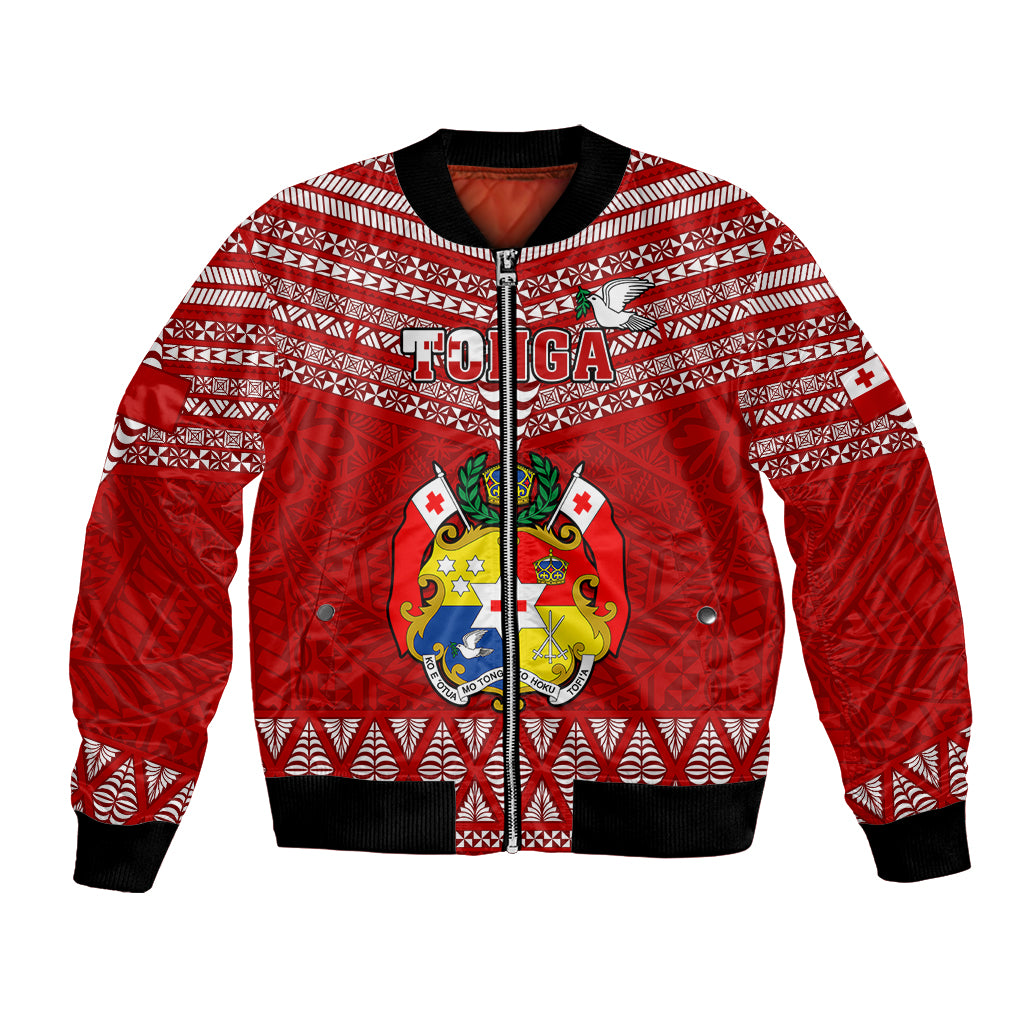 Red patterned bomber jacket with central crest and TO'IIGA graphic, front zip