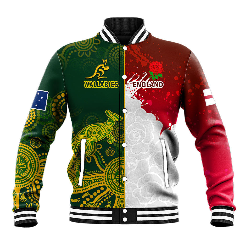 Personalised Australia And England Rugby Baseball Jacket Indigenous Wallabies With Red Roses Sporty Version - Wonder Print Shop