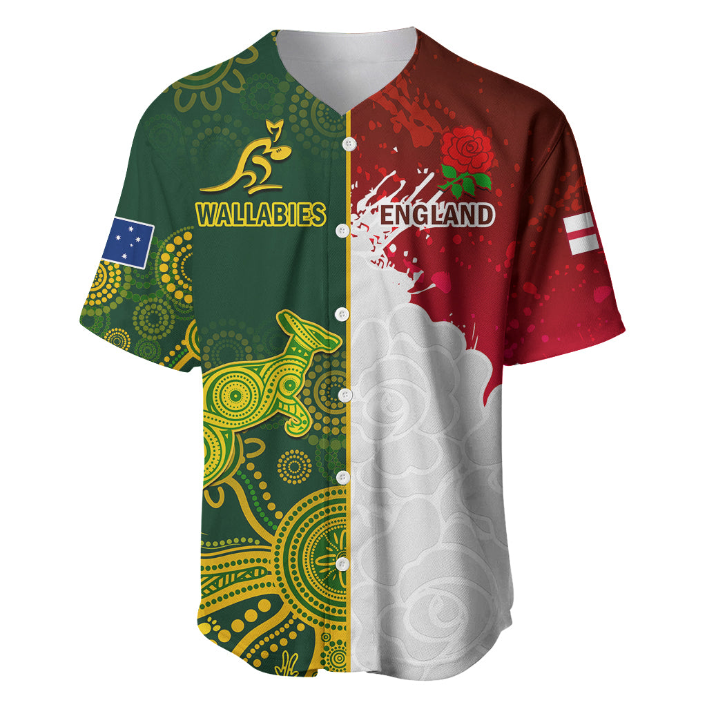 Personalised Australia And England Rugby Baseball Jersey Indigenous Wallabies With Red Roses Sporty Version - Wonder Print Shop