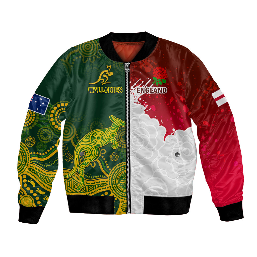 Unisex green and red rugby bomber jacket with front zip, black ribbed cuffs and patterned emblems