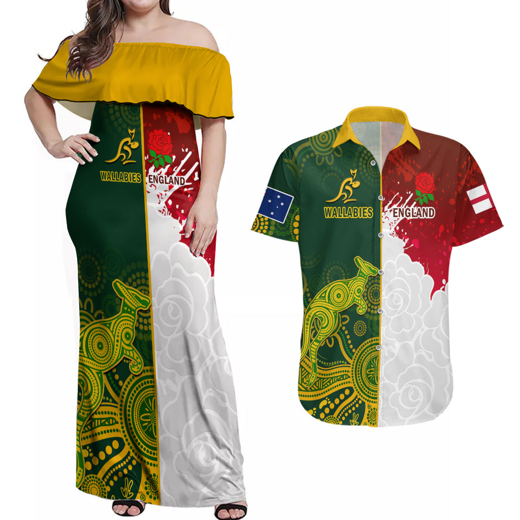 Personalised Australia And England Rugby Couples Matching Off Shoulder Maxi Dress and Hawaiian Shirt Indigenous Wallabies With Red Roses Sporty Version - Wonder Print Shop