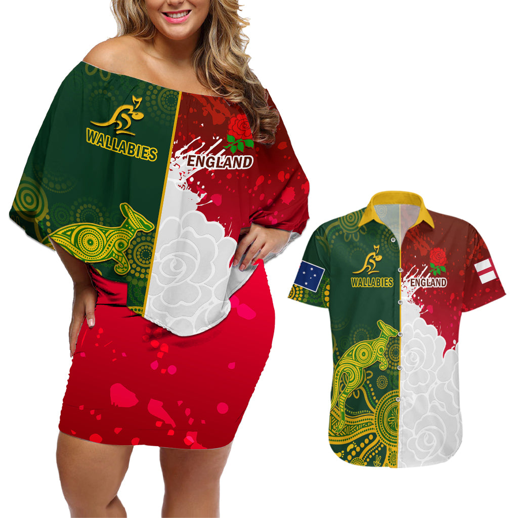 Personalised Australia And England Rugby Couples Matching Off Shoulder Short Dress and Hawaiian Shirt Indigenous Wallabies With Red Roses Sporty Version - Wonder Print Shop