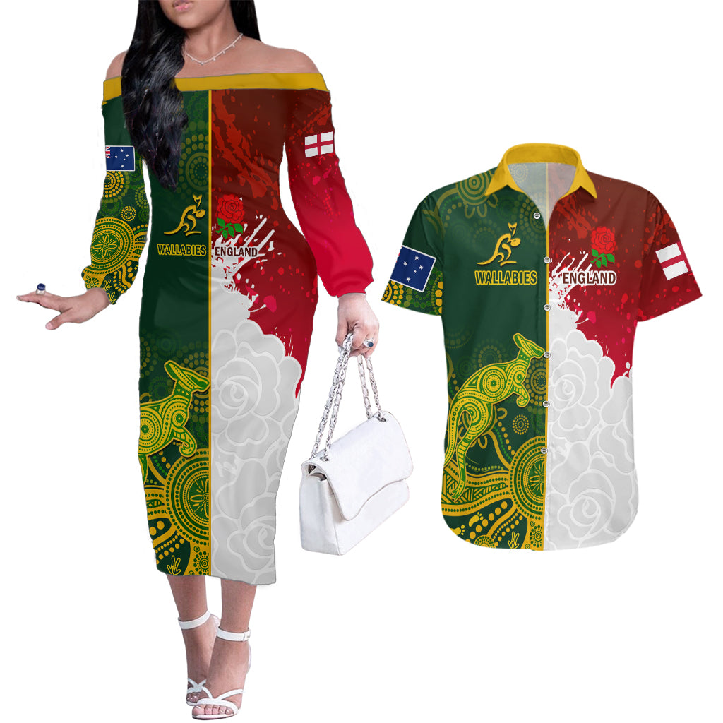 Personalised Australia And England Rugby Couples Matching Off The Shoulder Long Sleeve Dress and Hawaiian Shirt Indigenous Wallabies With Red Roses Sporty Version - Wonder Print Shop