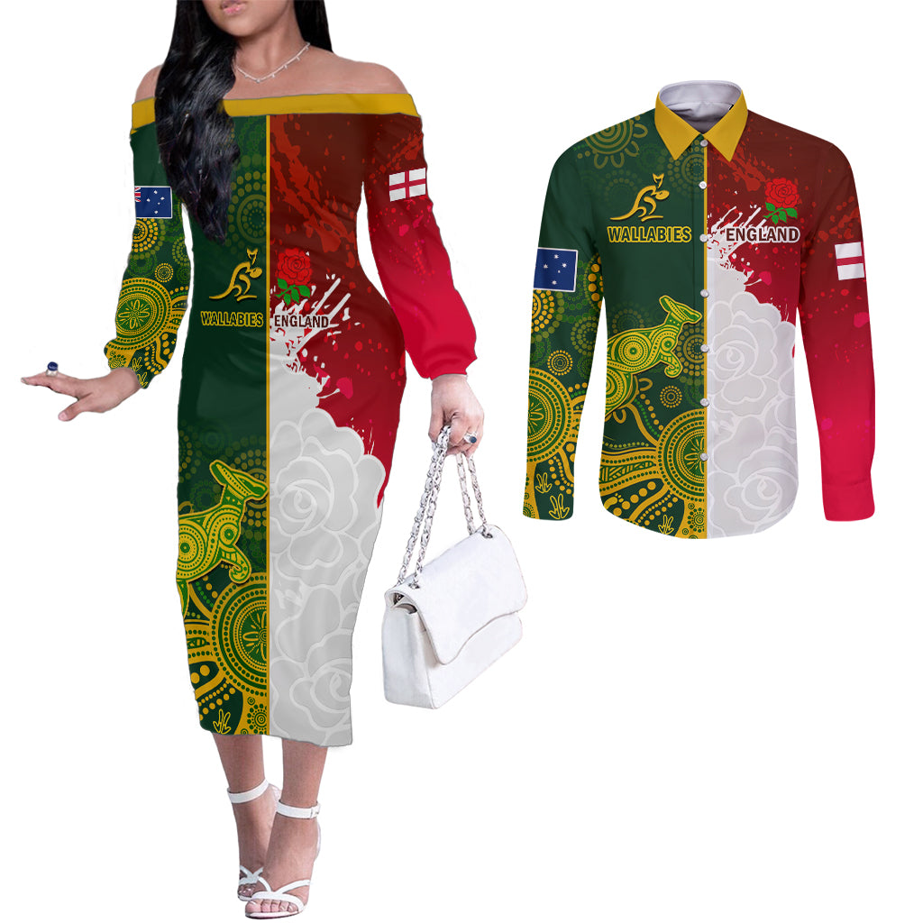 personalised-australia-and-england-rugby-couples-matching-off-the-shoulder-long-sleeve-dress-and-long-sleeve-button-shirts-indigenous-wallabies-with-red-roses-sporty-version