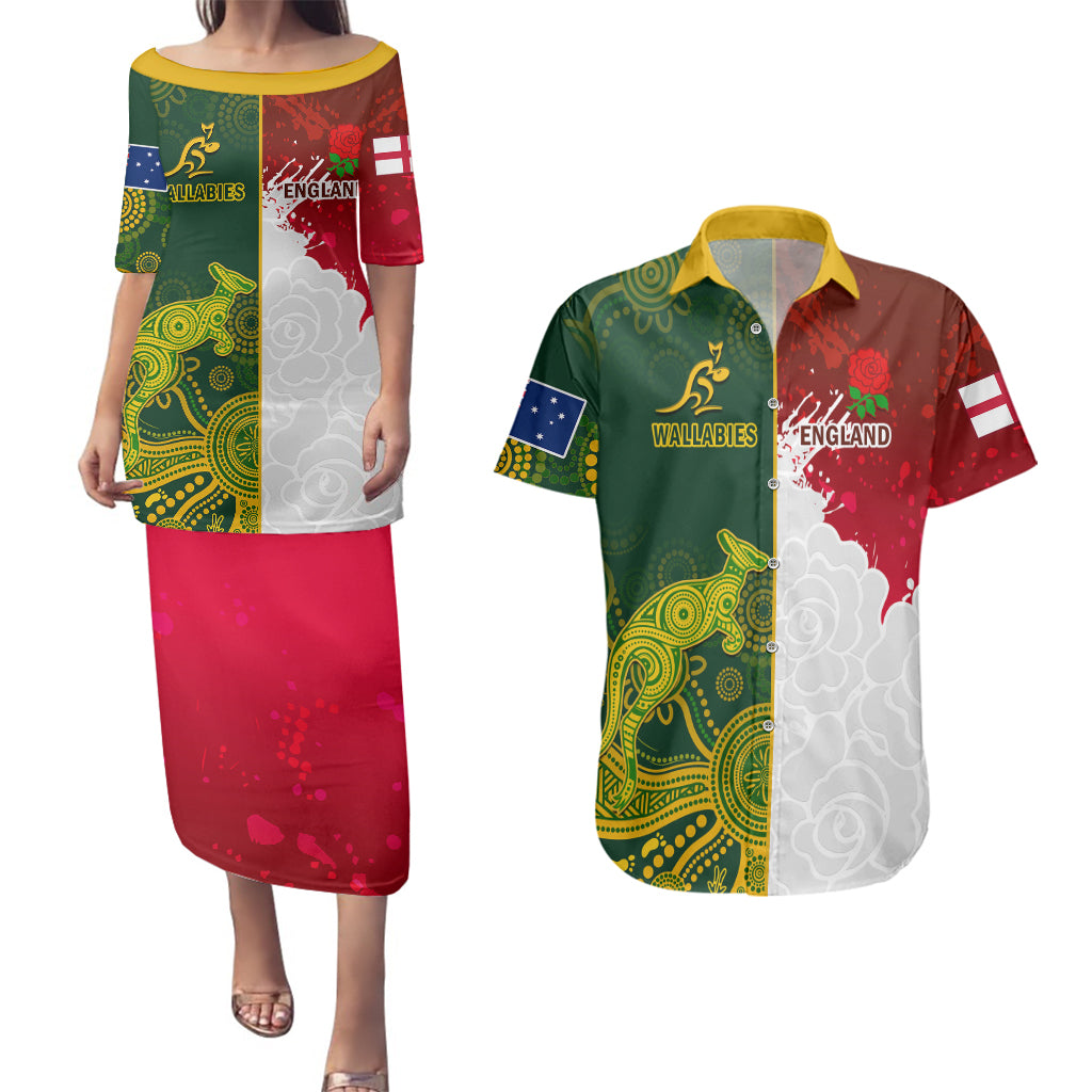 Personalised Australia And England Rugby Couples Matching Puletasi Dress and Hawaiian Shirt Indigenous Wallabies With Red Roses Sporty Version - Wonder Print Shop