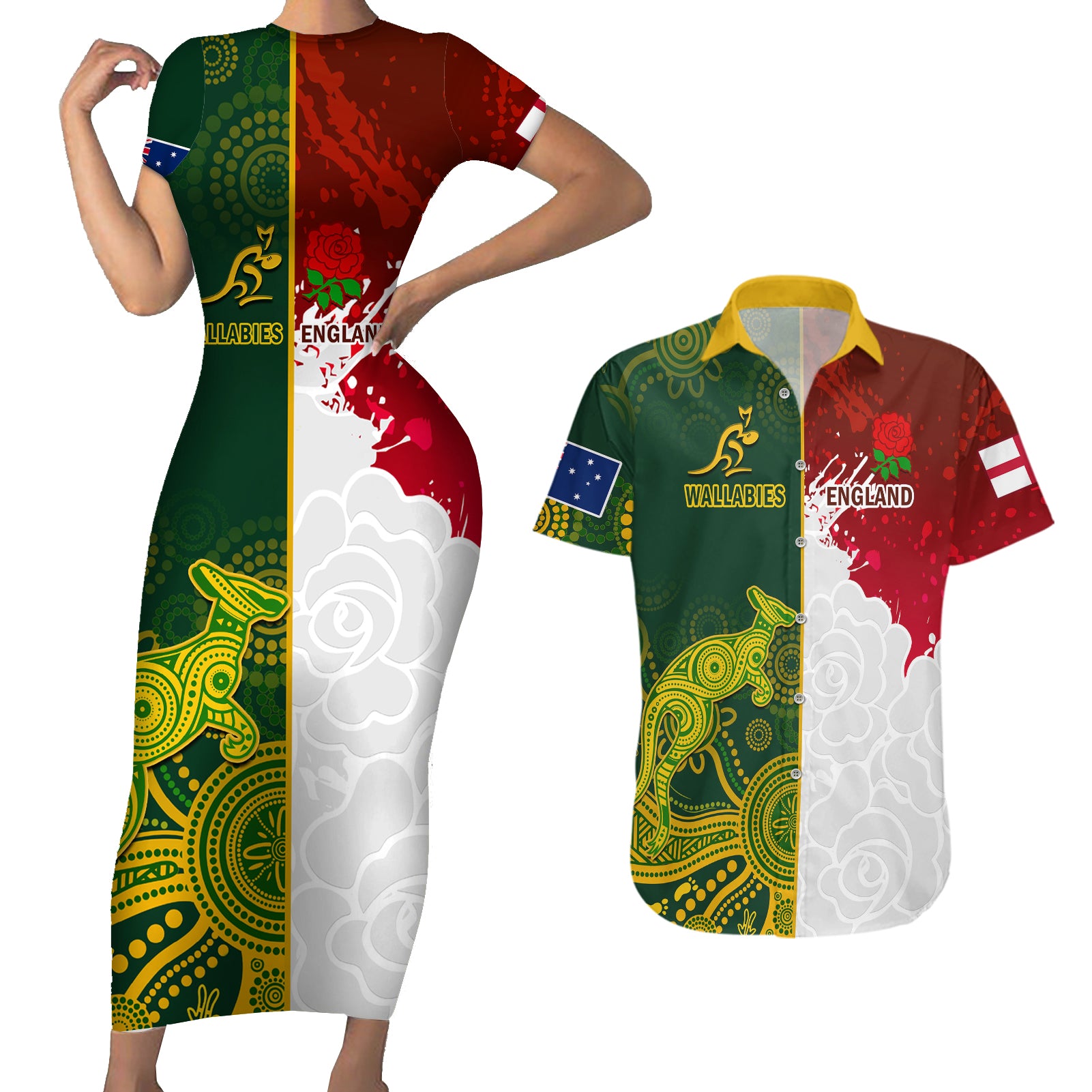 Personalised Australia And England Rugby Couples Matching Short Sleeve Bodycon Dress and Hawaiian Shirt Indigenous Wallabies With Red Roses Sporty Version - Wonder Print Shop