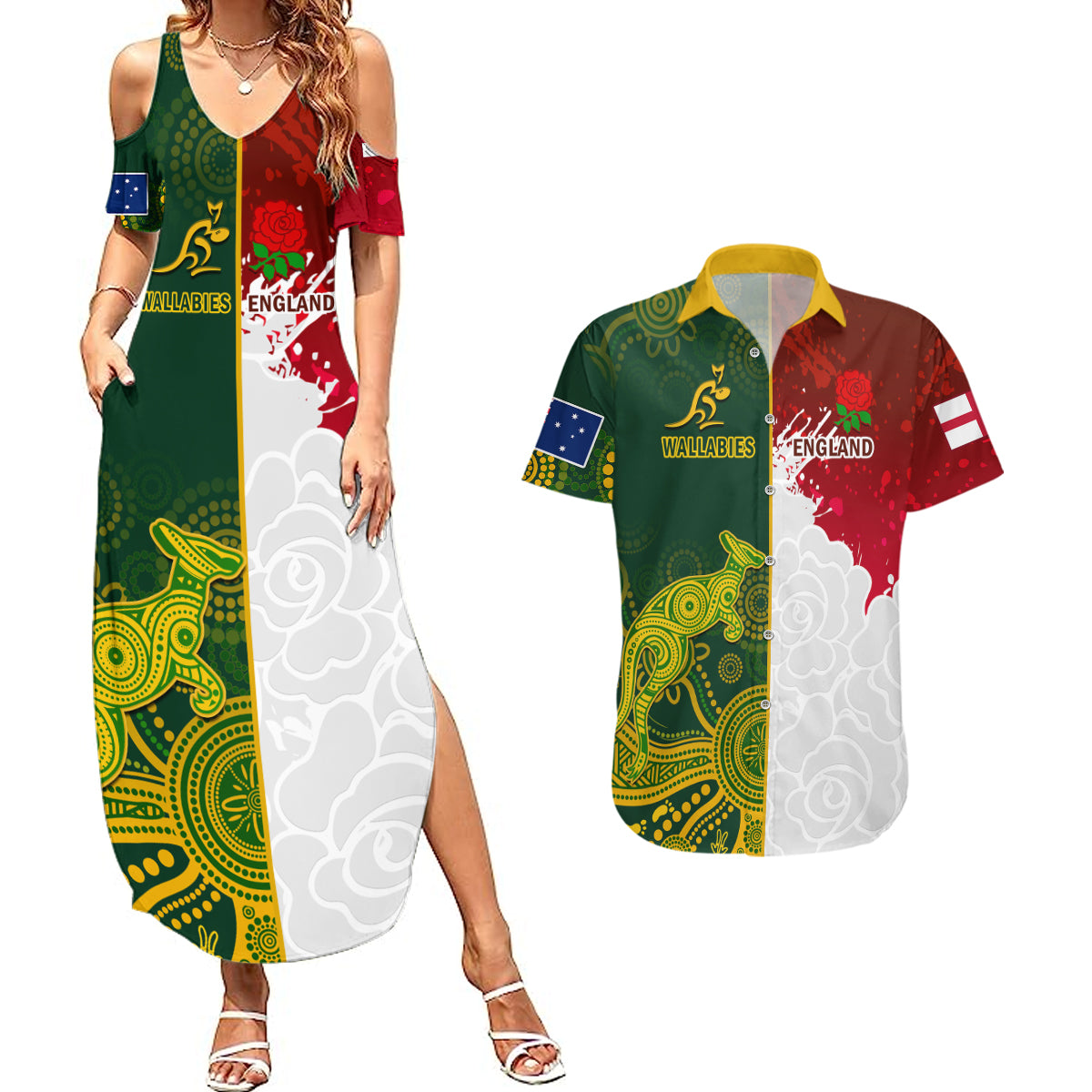 Personalised Australia And England Rugby Couples Matching Summer Maxi Dress and Hawaiian Shirt Indigenous Wallabies With Red Roses Sporty Version - Wonder Print Shop