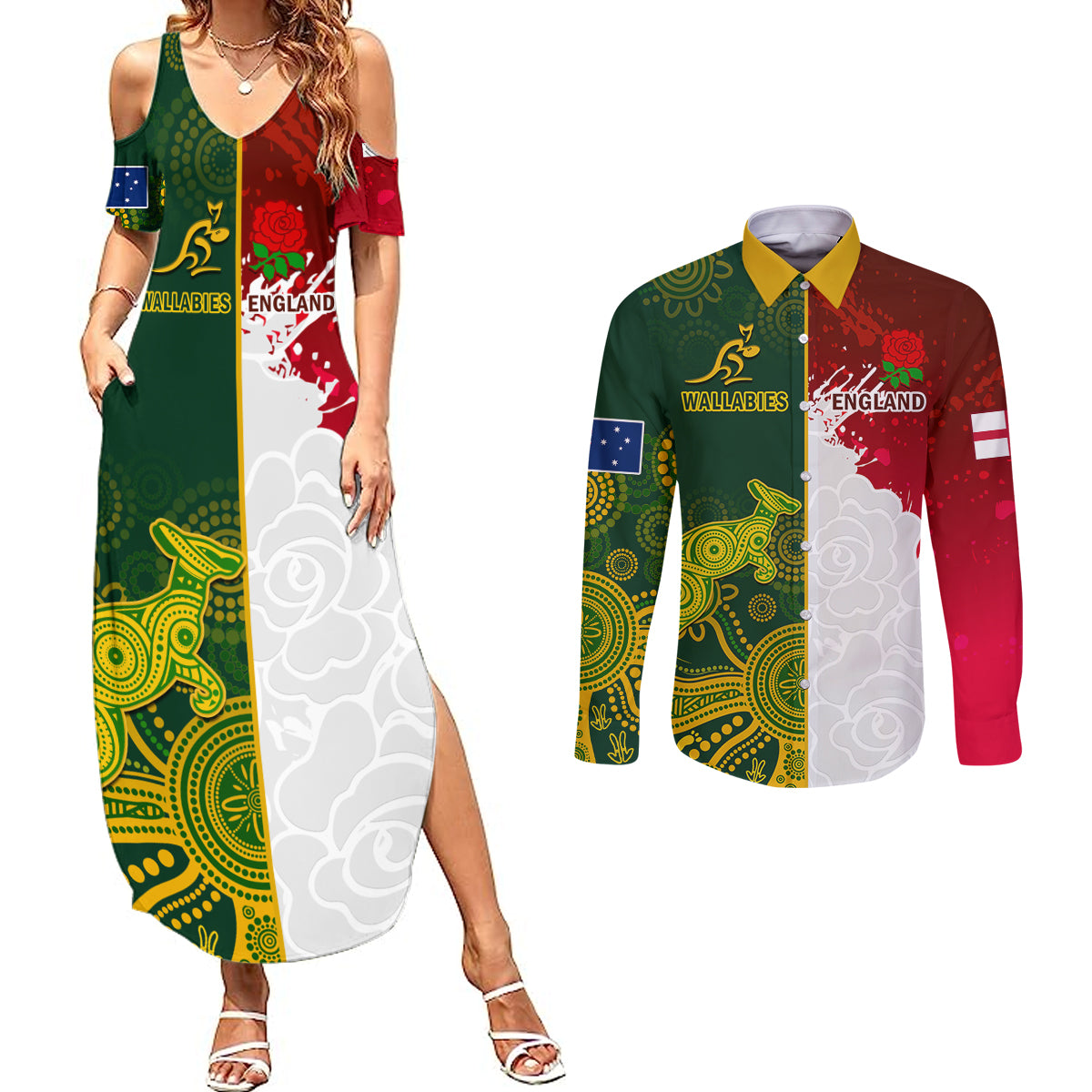 Personalised Australia And England Rugby Couples Matching Summer Maxi Dress and Long Sleeve Button Shirts Indigenous Wallabies With Red Roses Sporty Version - Wonder Print Shop