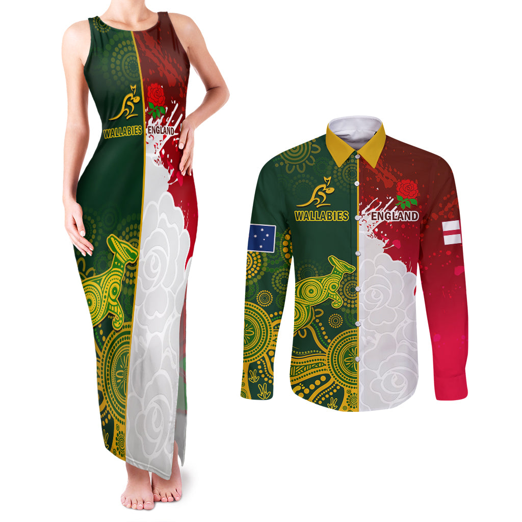 Personalised Australia And England Rugby Couples Matching Tank Maxi Dress and Long Sleeve Button Shirts Indigenous Wallabies With Red Roses Sporty Version - Wonder Print Shop