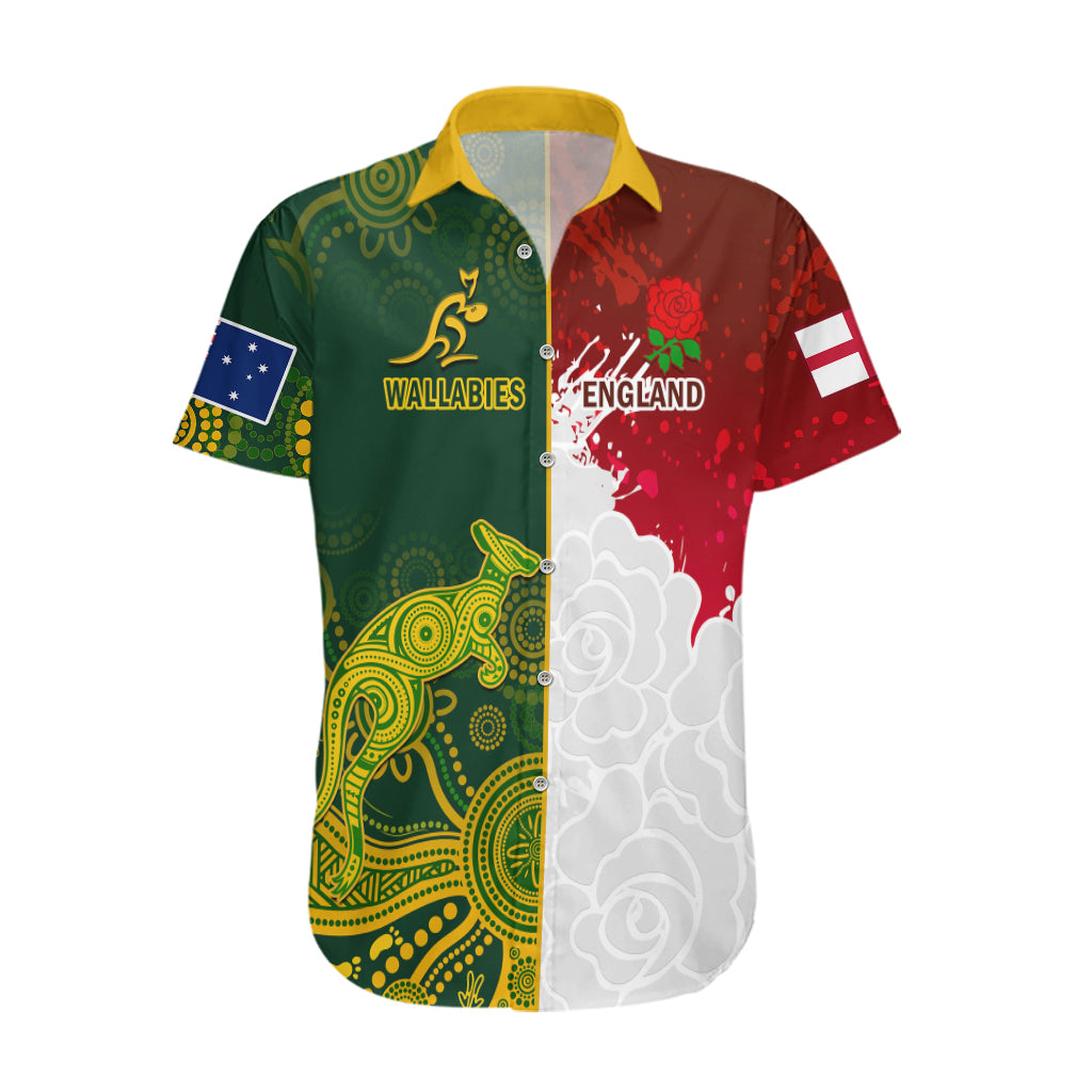 Personalised Australia And England Rugby Hawaiian Shirt Indigenous Wallabies With Red Roses Sporty Version - Wonder Print Shop