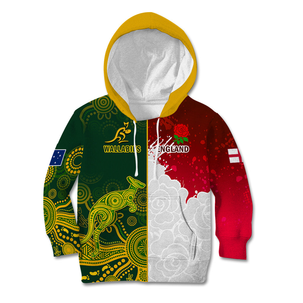 Personalised Australia And England Rugby Kid Hoodie Indigenous Wallabies With Red Roses Sporty Version - Wonder Print Shop