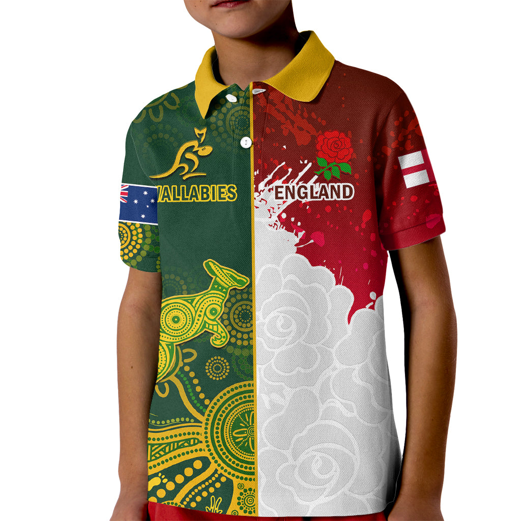 Personalised Australia And England Rugby Kid Polo Shirt Indigenous Wallabies With Red Roses Sporty Version - Wonder Print Shop