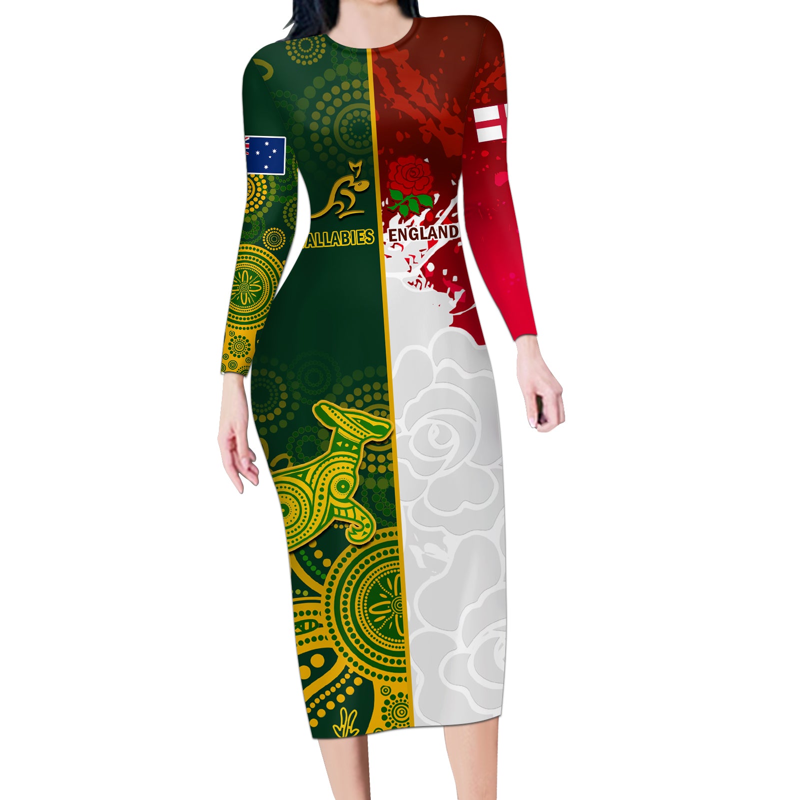 Personalised Australia And England Rugby Long Sleeve Bodycon Dress Indigenous Wallabies With Red Roses Sporty Version - Wonder Print Shop