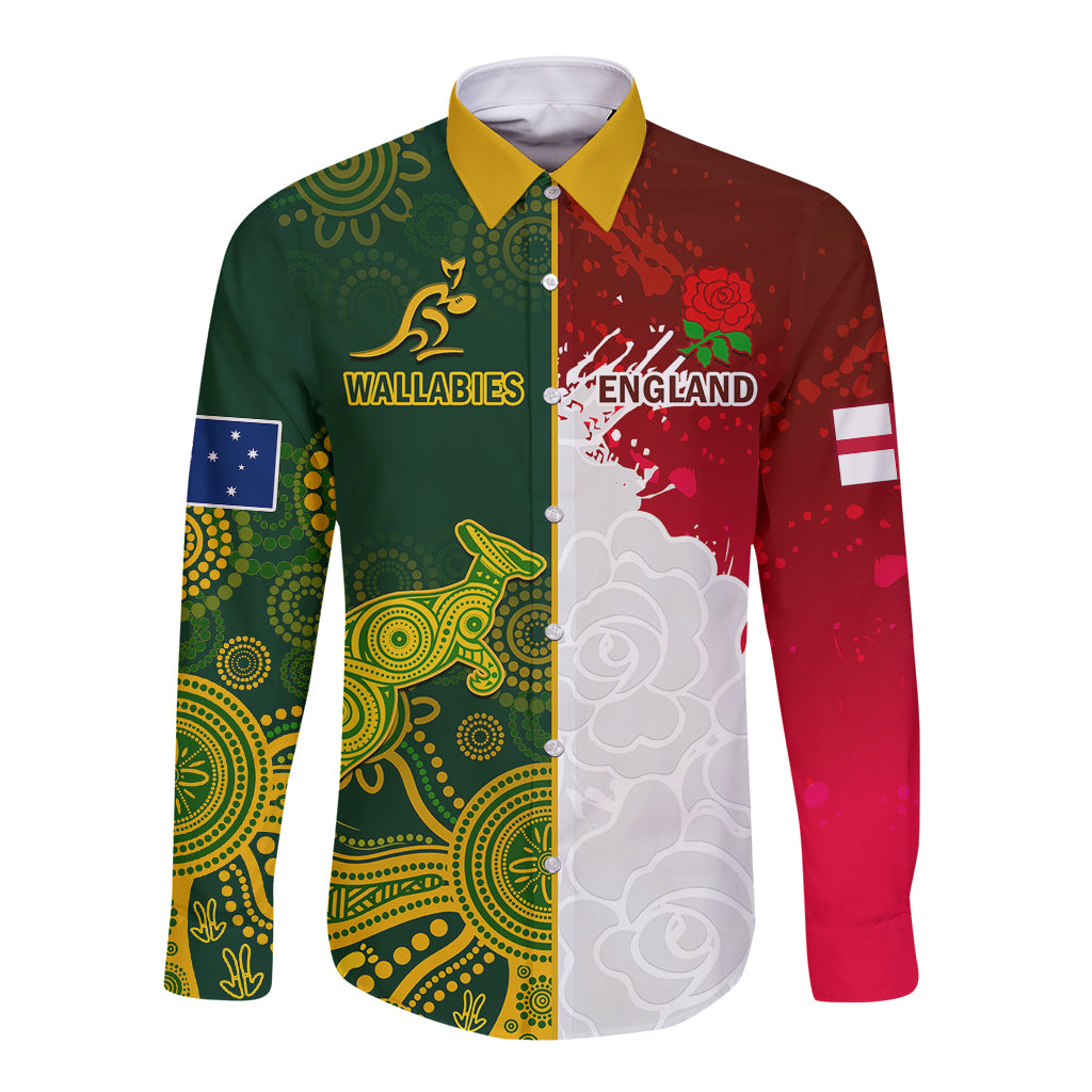 Green and red long-sleeve rugby button shirt with Wallabies and England graphics