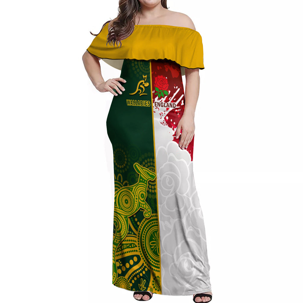 Personalised Australia And England Rugby Off Shoulder Maxi Dress Indigenous Wallabies With Red Roses Sporty Version - Wonder Print Shop